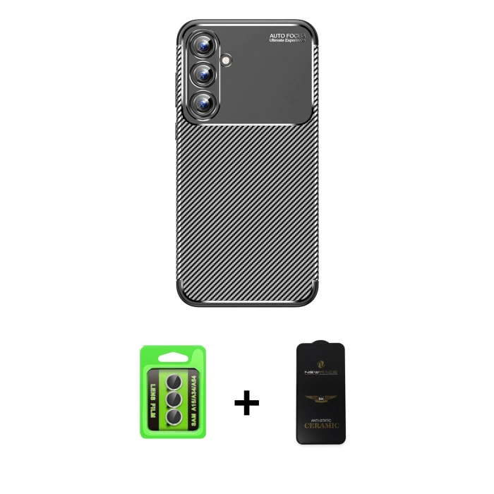 MARSİLYAN™- Galaxy A15 4G Kılıf Eksen Form Prime - Siyah 6D Antistatik Mat Seramik Hayalet Nano Ekran Koruyucu + Raze Metal Kamera Lens - GS