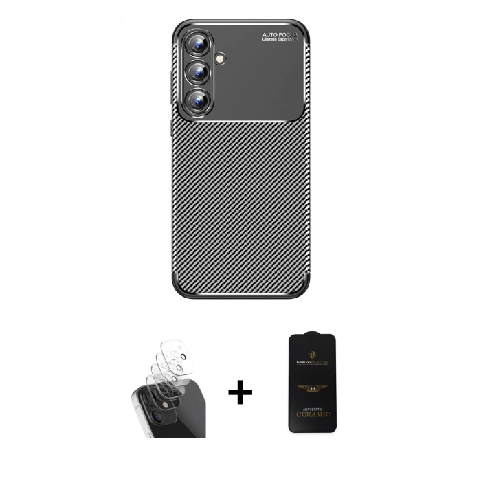 MARSİLYAN™- Galaxy A15 4G Kılıf Eksen Form Prime - Siyah 6D Antistatik Mat Seramik Hayalet Nano Ekran Koruyucu + Kamera Lens Koruma Cam - SF