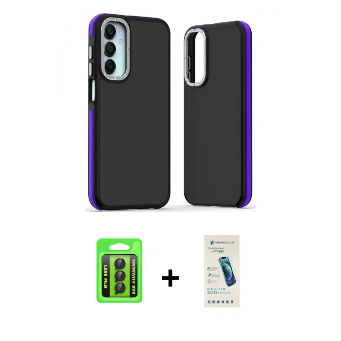 MARSİLYAN™- Galaxy A15 4G Kılıf Eksen Işık - Şeffaf Pasifik Cam Ekran Koruyucu + Raze Metal Kamera Lens - SH
