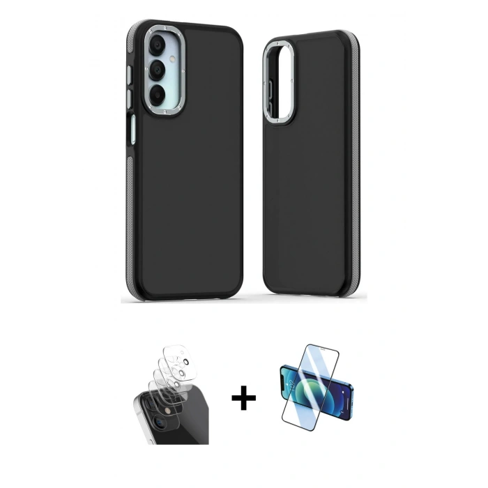 MARSİLYAN™- Galaxy A15 4G Kılıf Eksen Işık - Siyah 3D Antistatik Cam Ekran Koruyucu + Kamera Lens Koruma Cam - SF