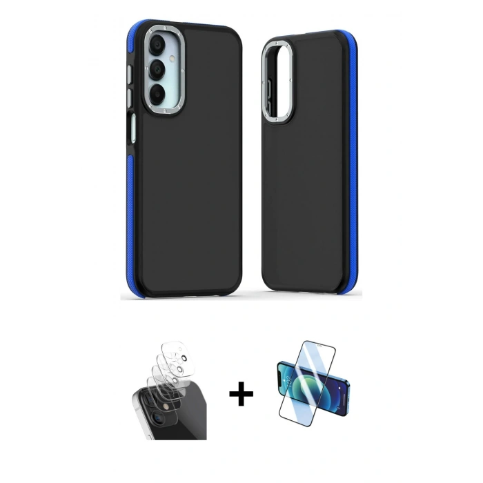 MARSİLYAN™- Galaxy A15 4G Kılıf Eksen Işık - Siyah 3D Antistatik Cam Ekran Koruyucu + Kamera Lens Koruma Cam - SF