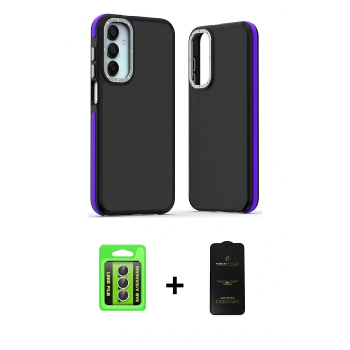 MARSİLYAN™- Galaxy A15 4G Kılıf Eksen Işık - Siyah 6D Antistatik Mat Seramik Hayalet Nano Ekran Koruyucu + Raze Metal Kamera Lens - GS