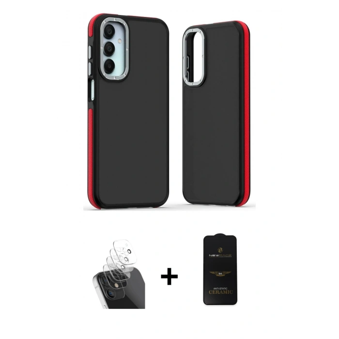 MARSİLYAN™- Galaxy A15 4G Kılıf Eksen Işık - Siyah 6D Antistatik Mat Seramik Hayalet Nano Ekran Koruyucu + Kamera Lens Koruma Cam - SF