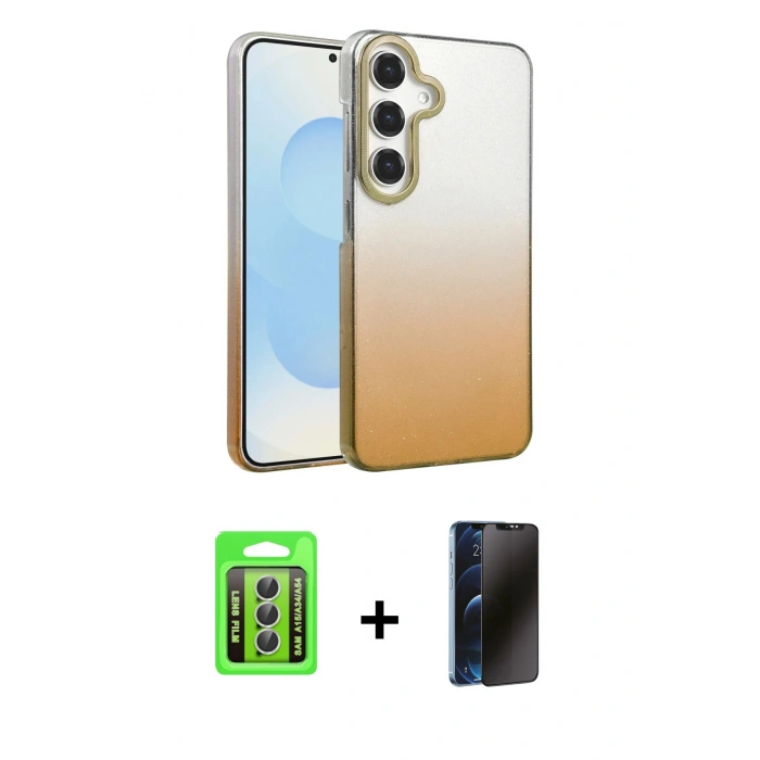 MARSİLYAN™- Galaxy A15 4G Kılıf Kıvılcım Minimal Özel Seri - Siyah 3D Antistatik Hayalet Cam Ekran Koruyucu + Raze Metal Kamera Lens - GS