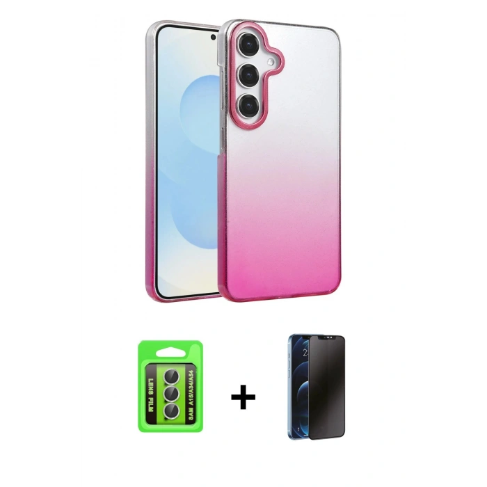MARSİLYAN™- Galaxy A15 4G Kılıf Kıvılcım Minimal Özel Seri - Siyah 3D Antistatik Hayalet Cam Ekran Koruyucu + Raze Metal Kamera Lens - GS