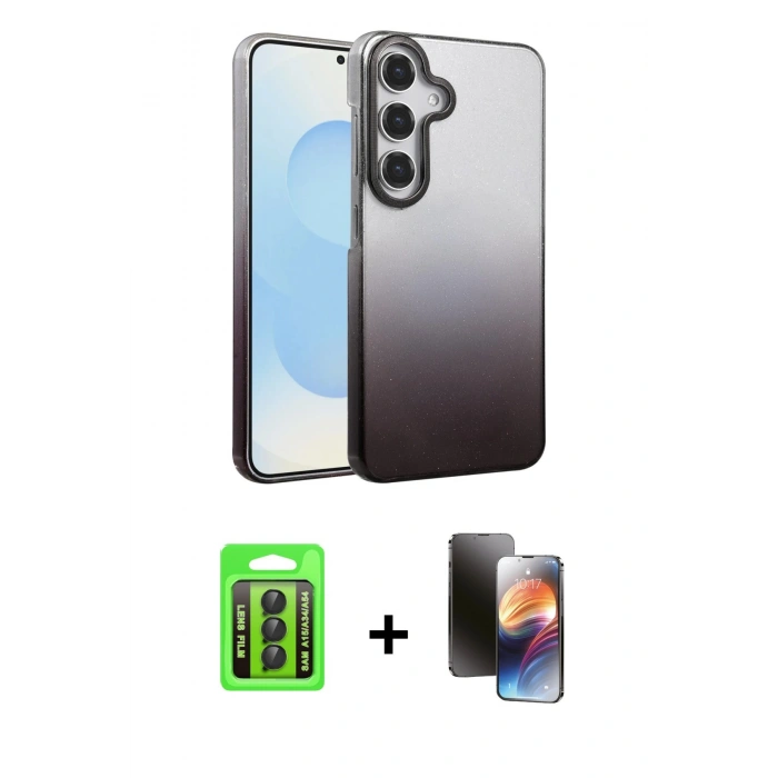 MARSİLYAN™- Galaxy A15 4G Kılıf Kıvılcım Minimal Özel Seri - Siyah 3D Antistatik Mat Seramik Nano Ekran Koruyucu + Raze Metal Kamera Lens - SH