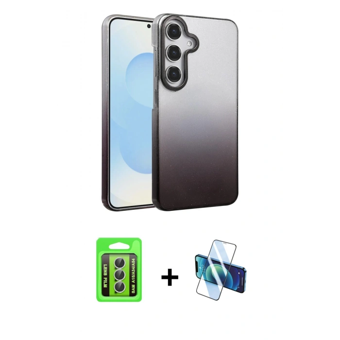 MARSİLYAN™- Galaxy A15 4G Kılıf Kıvılcım Minimal Özel Seri - Siyah 3D Antistatik Seramik Nano Ekran Koruyucu + Raze Metal Kamera Lens - GS