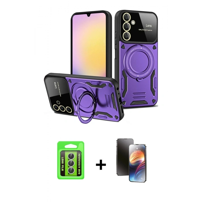 MARSİLYAN™- Galaxy A15 4G Kılıf Kıvılcım Modern Serisi - Siyah 3D Antistatik Mat Seramik Nano Ekran Koruyucu + Raze Metal Kamera Lens - GS