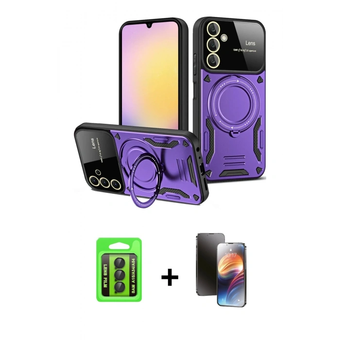 MARSİLYAN™- Galaxy A15 4G Kılıf Kıvılcım Modern Serisi - Siyah 3D Antistatik Mat Seramik Nano Ekran Koruyucu + Raze Metal Kamera Lens - SH