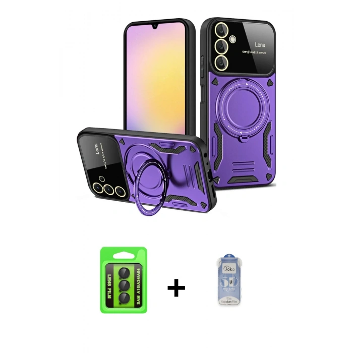 MARSİLYAN™- Galaxy A15 4G Kılıf Kıvılcım Modern Serisi - Siyah Joko Magic 5D Cam + Raze Metal Kamera Lens - SH