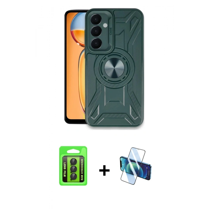 MARSİLYAN™- Galaxy A15 4G Kılıf Nova Yansıma Prime - Siyah 3D Antistatik Cam Ekran Koruyucu + Raze Metal Kamera Lens - SH