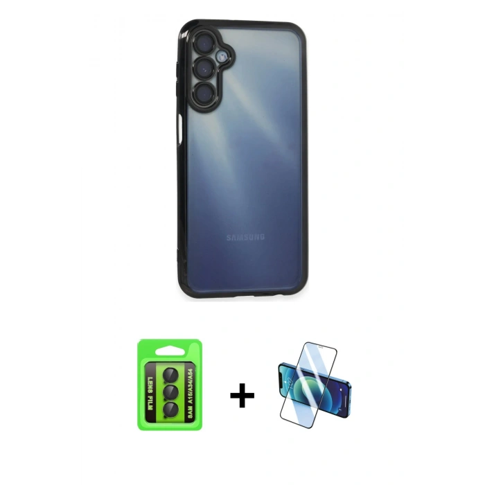 MARSİLYAN™- Galaxy A15 4G Kılıf Vadi Minimal - Siyah 3D Antistatik Seramik Nano Ekran Koruyucu + Raze Metal Kamera Lens - SH