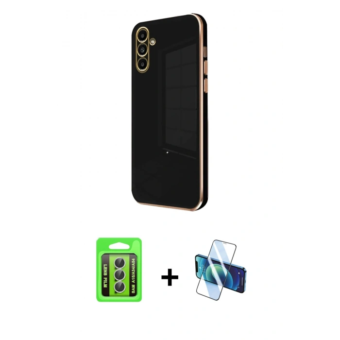 MARSİLYAN™- Galaxy A15 4G Kılıf Yankı Serisi - Siyah 3D Antistatik Seramik Nano Ekran Koruyucu + Raze Metal Kamera Lens - GS
