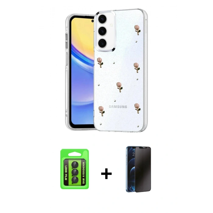 MARSİLYAN™- Galaxy A15 4G Kılıf Yörünge Form - Siyah 3D Antistatik Hayalet Cam Ekran Koruyucu + Raze Metal Kamera Lens - SH