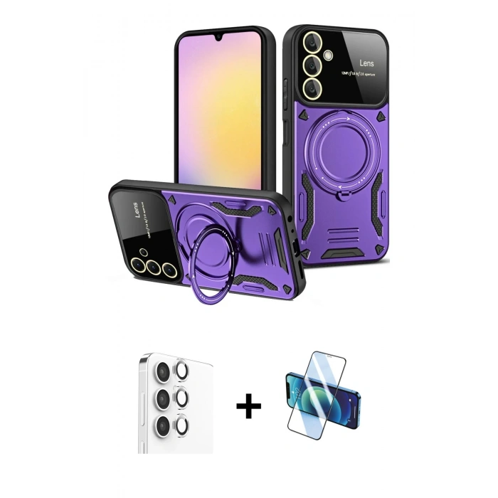 MARSİLYAN™- Galaxy A16 5G Kılıf Kıvılcım Modern Serisi - Siyah 3D Antistatik Cam Ekran Koruyucu + Raze Metal Kamera Lens - GS