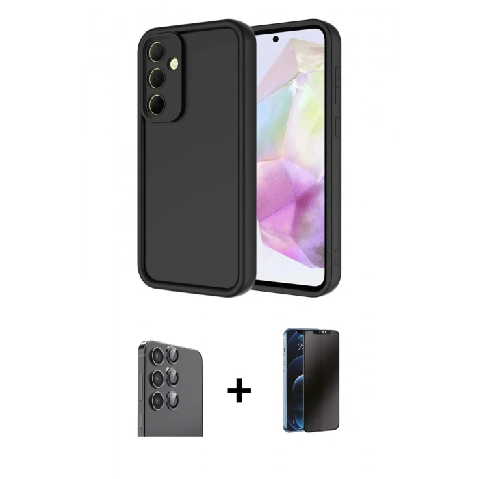 MARSİLYAN™- Galaxy A16 5G Kılıf Yankı Yansıma Özel Seri - Siyah 3D Antistatik Hayalet Cam Ekran Koruyucu + Raze Metal Kamera Lens - SH