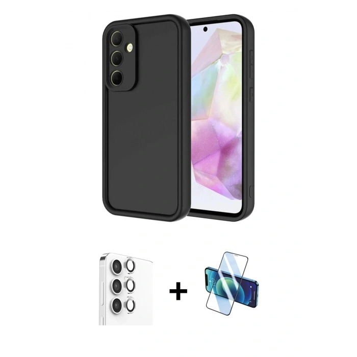 MARSİLYAN™- Galaxy A16 5G Kılıf Yankı Yansıma Özel Seri - Siyah 3D Antistatik Seramik Nano Ekran Koruyucu + Raze Metal Kamera Lens - GS