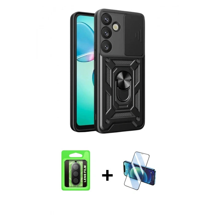 MARSİLYAN™- Galaxy A17 5G Kılıf Ahenk Klasik - Siyah 3D Antistatik Seramik Nano Ekran Koruyucu + Raze Metal Kamera Lens - SH