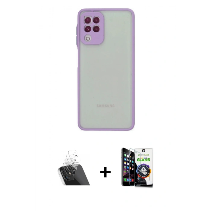 MARSİLYAN™- Galaxy A22 Kılıf Ahenk Çizgi Serisi - Şeffaf Temperli Cam Ekran Koruyucu + Kamera Lens Koruma Cam - SF