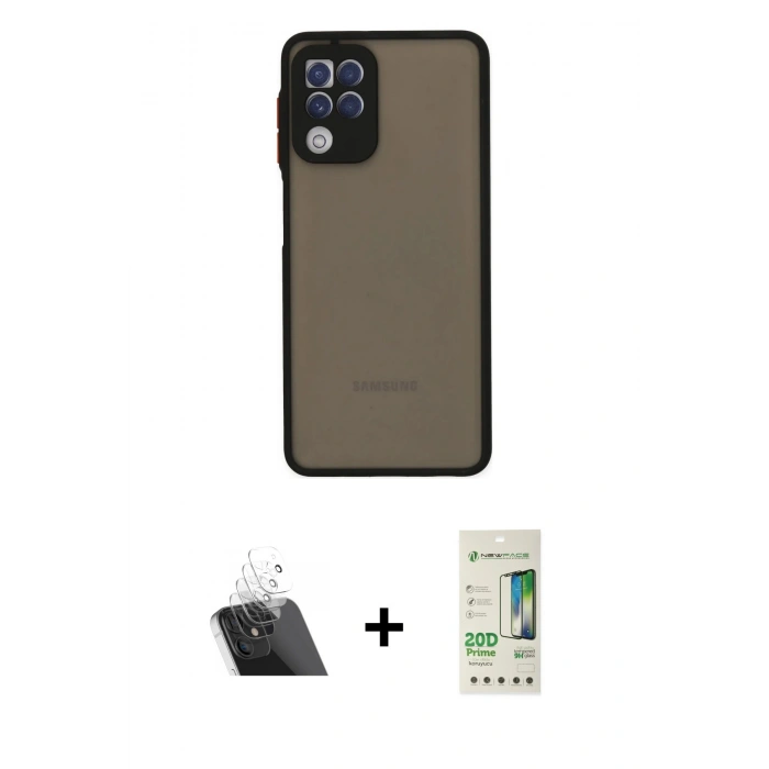 MARSİLYAN™- Galaxy A22 Kılıf Ahenk Çizgi Serisi - Siyah 20D Premium Cam Ekran Koruyucu + Şeffaf Kamera Lens Koruma Cam