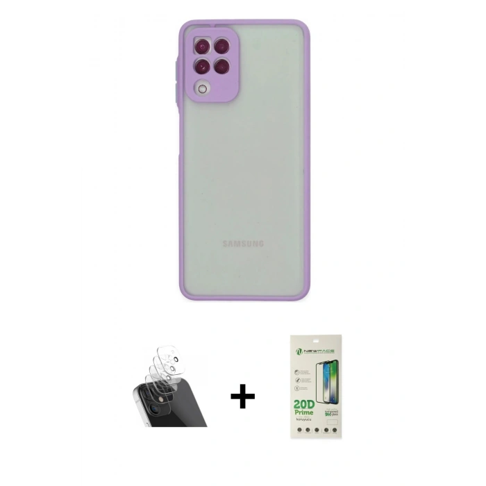 MARSİLYAN™- Galaxy A22 Kılıf Ahenk Çizgi Serisi - Siyah 20D Premium Cam Ekran Koruyucu + Şeffaf Kamera Lens Koruma Cam
