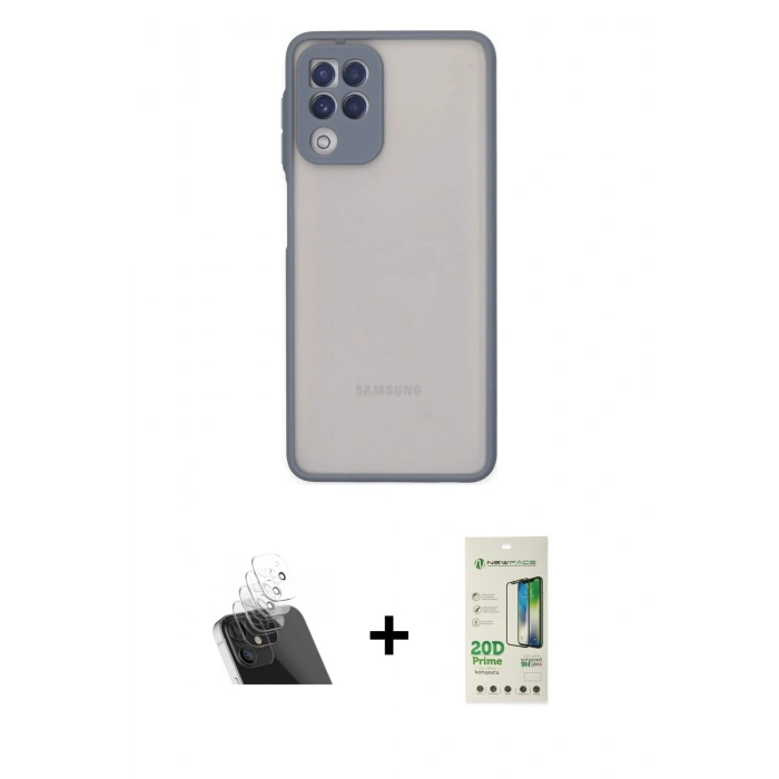 MARSİLYAN™- Galaxy A22 Kılıf Ahenk Çizgi Serisi - Siyah 20D Premium Cam Ekran Koruyucu + Şeffaf Kamera Lens Koruma Cam