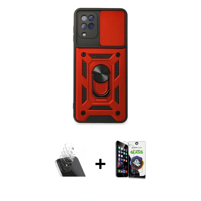 MARSİLYAN™- Galaxy A22 Kılıf Ahenk Klasik - Şeffaf Temperli Cam Ekran Koruyucu + Şeffaf Kamera Lens Koruma Cam