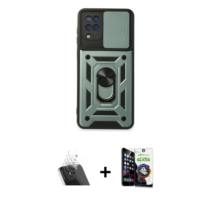 MARSİLYAN™- Galaxy A22 Kılıf Ahenk Klasik - Şeffaf Temperli Cam Ekran Koruyucu + Şeffaf Kamera Lens Koruma Cam
