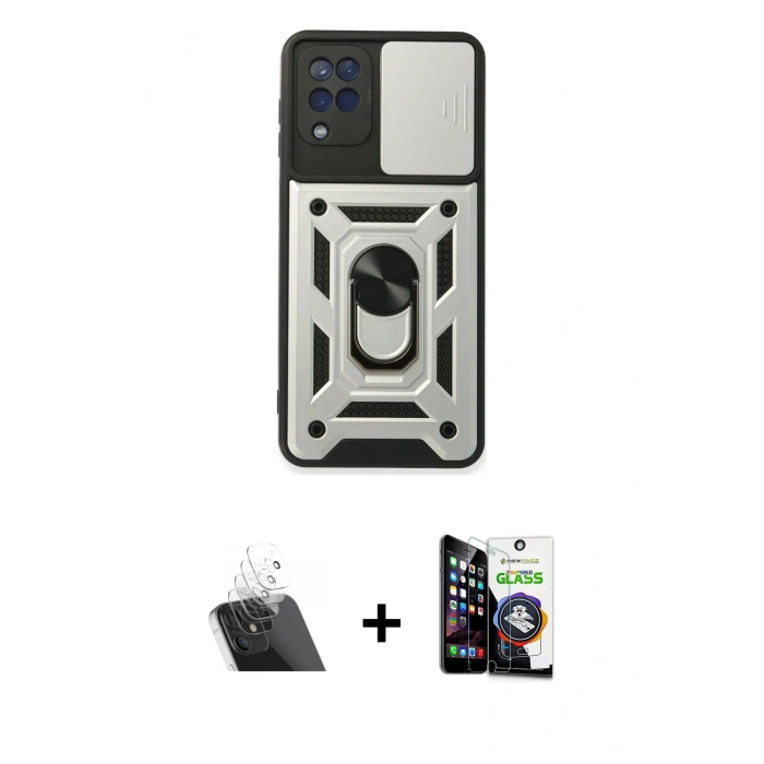 MARSİLYAN™- Galaxy A22 Kılıf Ahenk Klasik - Şeffaf Temperli Cam Ekran Koruyucu + Şeffaf Kamera Lens Koruma Cam