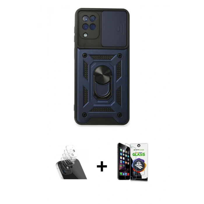MARSİLYAN™- Galaxy A22 Kılıf Ahenk Klasik - Şeffaf Temperli Cam Ekran Koruyucu + Şeffaf Kamera Lens Koruma Cam