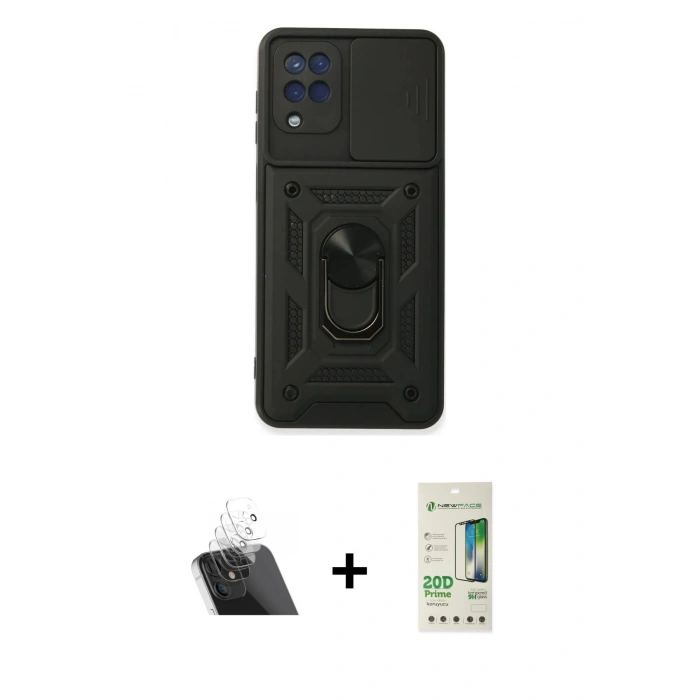 MARSİLYAN™- Galaxy A22 Kılıf Ahenk Klasik - Siyah 20D Premium Cam Ekran Koruyucu + Kamera Lens Koruma Cam - SF