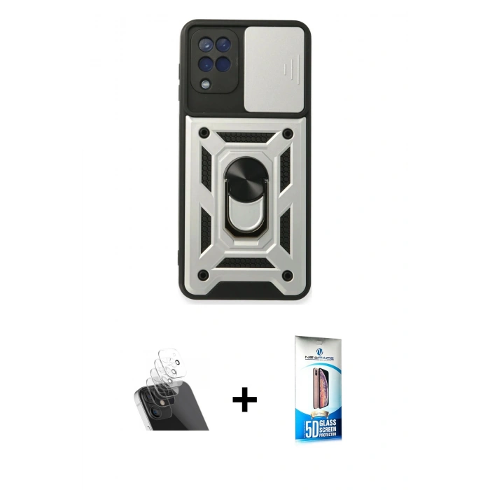 MARSİLYAN™- Galaxy A22 Kılıf Ahenk Klasik - Siyah 5D Eko Cam Ekran Koruyucu + Kamera Lens Koruma Cam - SF