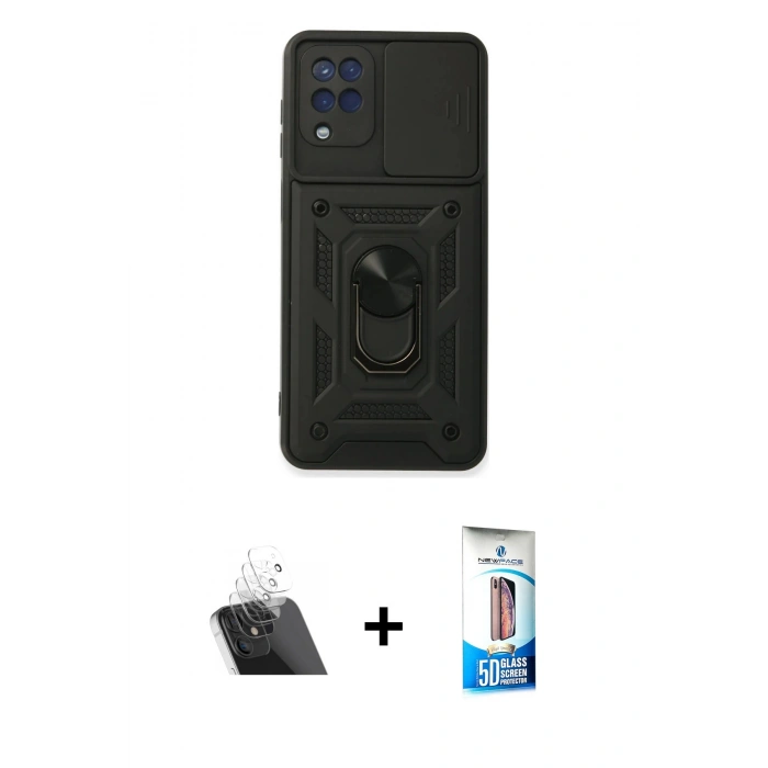 MARSİLYAN™- Galaxy A22 Kılıf Ahenk Klasik - Siyah 5D Eko Cam Ekran Koruyucu + Kamera Lens Koruma Cam - SF