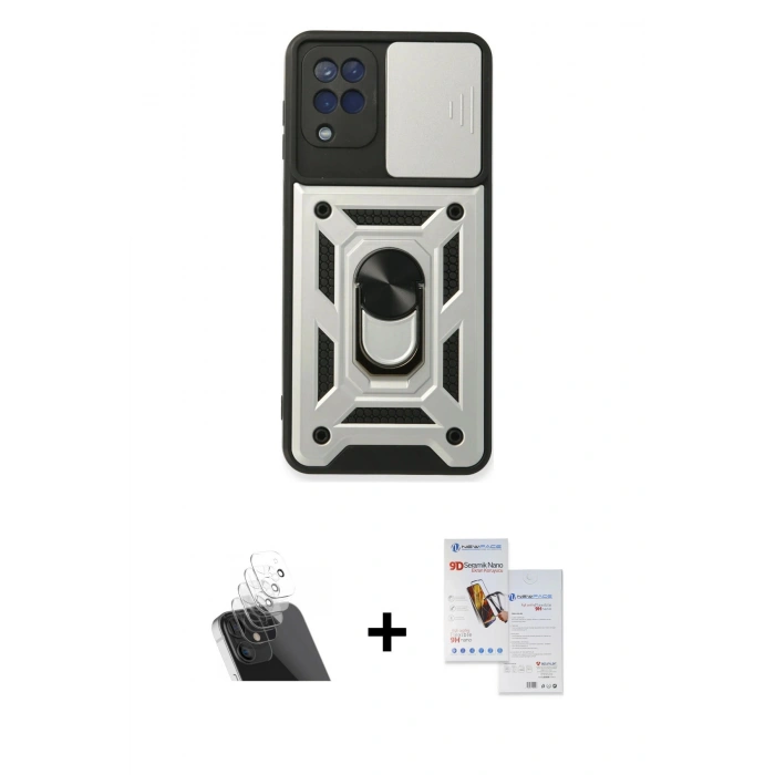 MARSİLYAN™- Galaxy A22 Kılıf Ahenk Klasik - Siyah Seramik Nano Ekran Koruyucu + Kamera Lens Koruma Cam - SF