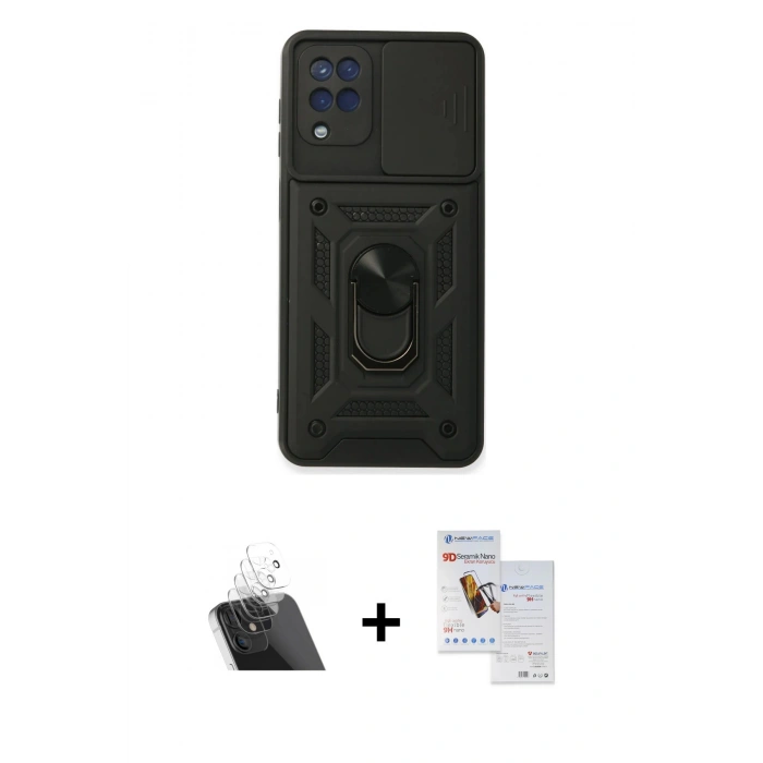 MARSİLYAN™- Galaxy A22 Kılıf Ahenk Klasik - Siyah Seramik Nano Ekran Koruyucu + Kamera Lens Koruma Cam - SF