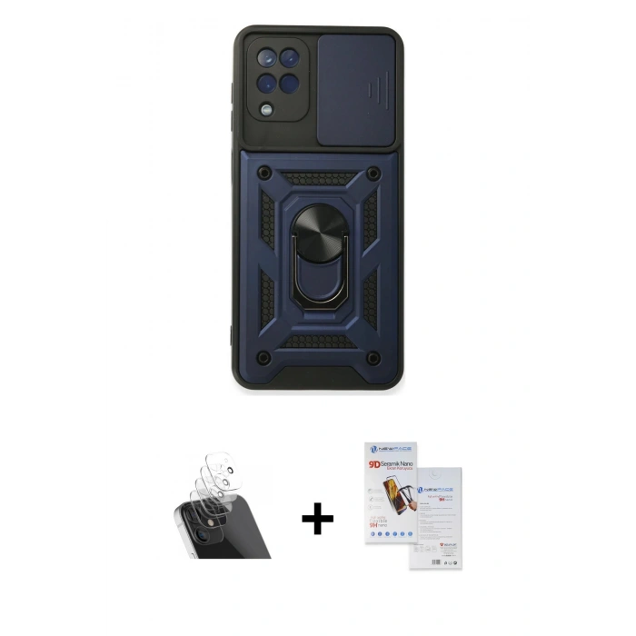 MARSİLYAN™- Galaxy A22 Kılıf Ahenk Klasik - Siyah Seramik Nano Ekran Koruyucu + Kamera Lens Koruma Cam - SF