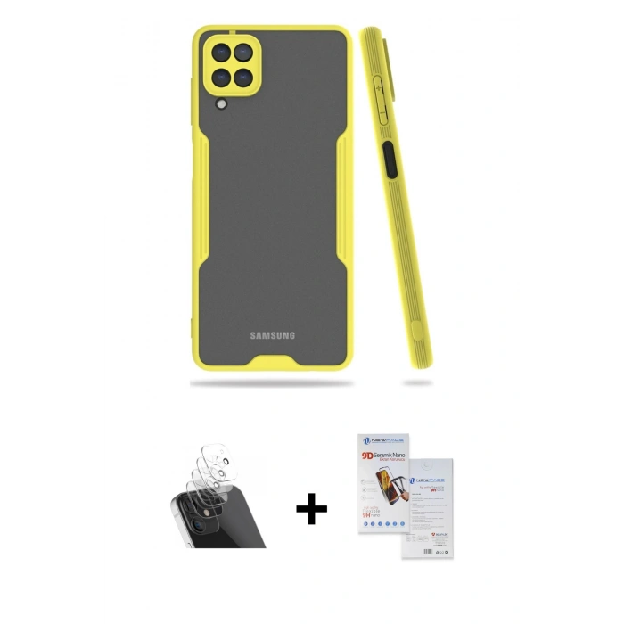 MARSİLYAN™- Galaxy A22 Kılıf Atlas Asil Serisi - Siyah Seramik Nano Ekran Koruyucu + Kamera Lens Koruma Cam - SF