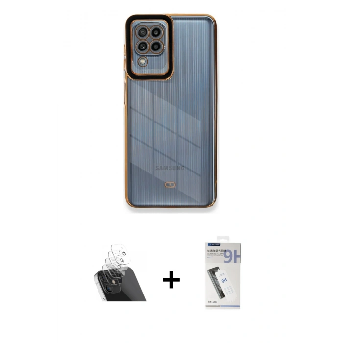 MARSİLYAN™- Galaxy A22 Kılıf Çekirdek Klasik Serisi - Şeffaf Uv Polymer Nano Ekran Koruyucu + Kamera Lens Koruma Cam - SF