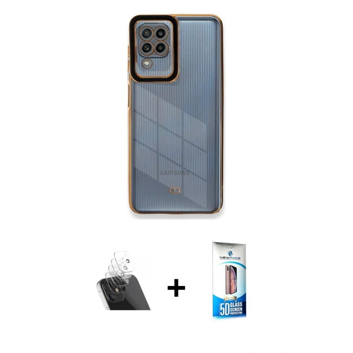 MARSİLYAN™- Galaxy A22 Kılıf Çekirdek Klasik Serisi - Siyah 5D Eko Cam Ekran Koruyucu + Kamera Lens Koruma Cam - SF
