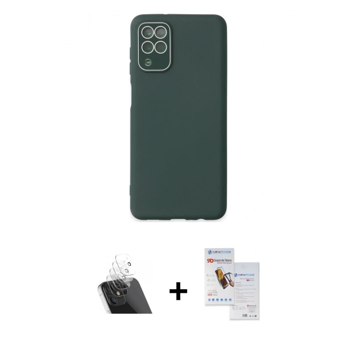 MARSİLYAN™- Galaxy A22 Kılıf Çekirdek Modern Serisi - Siyah Seramik Nano Ekran Koruyucu + Şeffaf Kamera Lens Koruma Cam