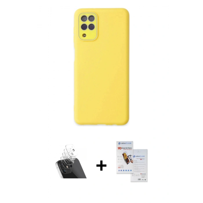 MARSİLYAN™- Galaxy A22 Kılıf Çekirdek Modern Serisi - Siyah Seramik Nano Ekran Koruyucu + Şeffaf Kamera Lens Koruma Cam