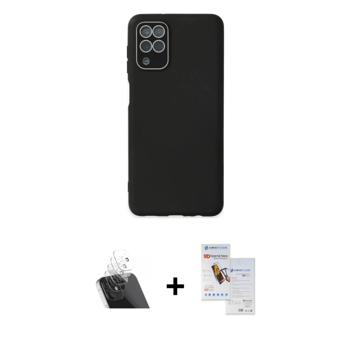 MARSİLYAN™- Galaxy A22 Kılıf Çekirdek Modern Serisi - Siyah Seramik Nano Ekran Koruyucu + Şeffaf Kamera Lens Koruma Cam