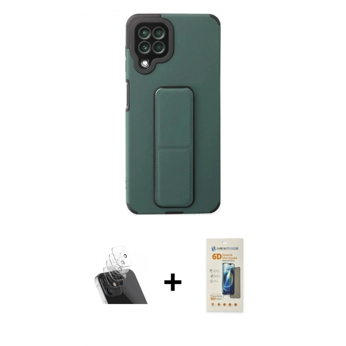 MARSİLYAN™- Galaxy A22 Kılıf Çekirdek Yansıma - Siyah 6D Mat Seramik Hayalet Nano Ekran Koruyucu + Kamera Lens Koruma Cam - SF