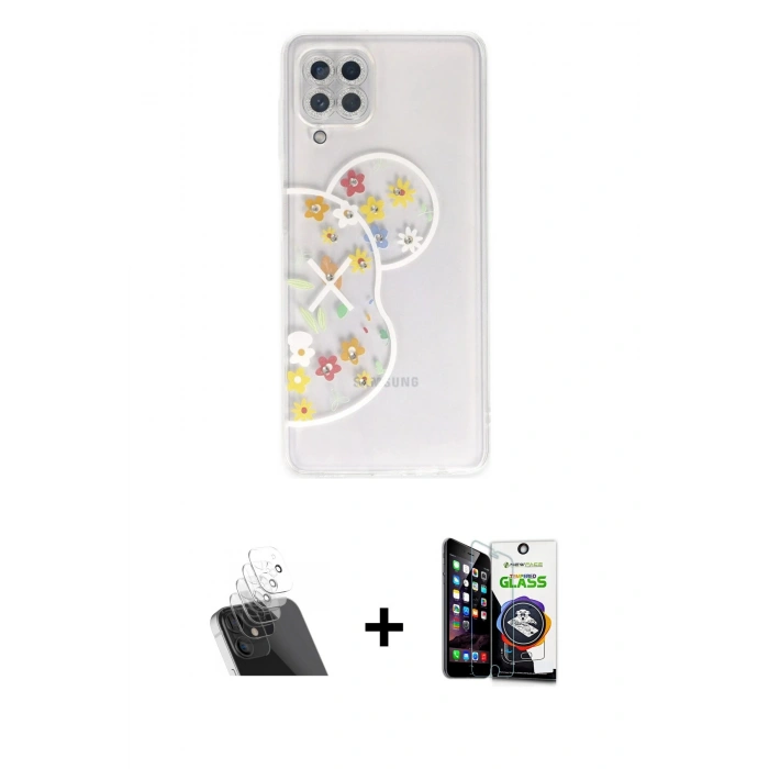 MARSİLYAN™- Galaxy A22 Kılıf Eksen Asil Prime - Şeffaf Temperli Cam Ekran Koruyucu + Kamera Lens Koruma Cam - SF