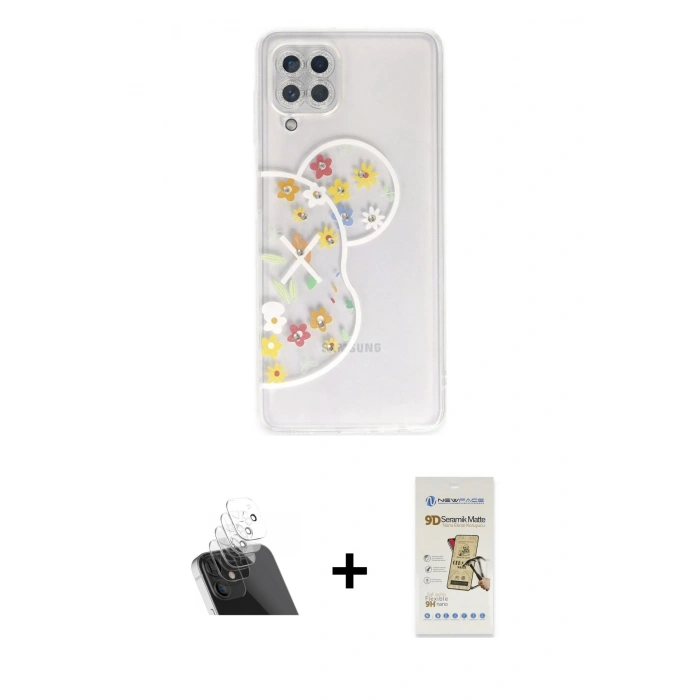 MARSİLYAN™- Galaxy A22 Kılıf Eksen Asil Prime - Siyah Mat Seramik Nano Ekran Koruyucu + Şeffaf Kamera Lens Koruma Cam