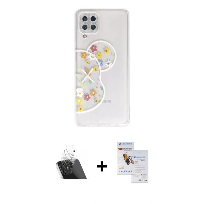 MARSİLYAN™- Galaxy A22 Kılıf Eksen Asil Prime - Siyah Seramik Nano Ekran Koruyucu + Kamera Lens Koruma Cam - SF