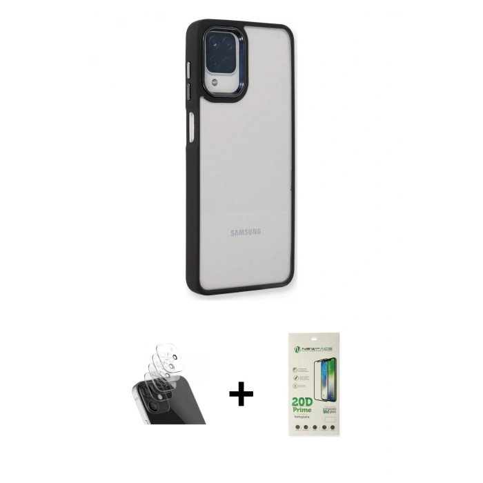 MARSİLYAN™- Galaxy A22 Kılıf Eksen Doku Prime - Siyah 20D Premium Cam Ekran Koruyucu + Şeffaf Kamera Lens Koruma Cam