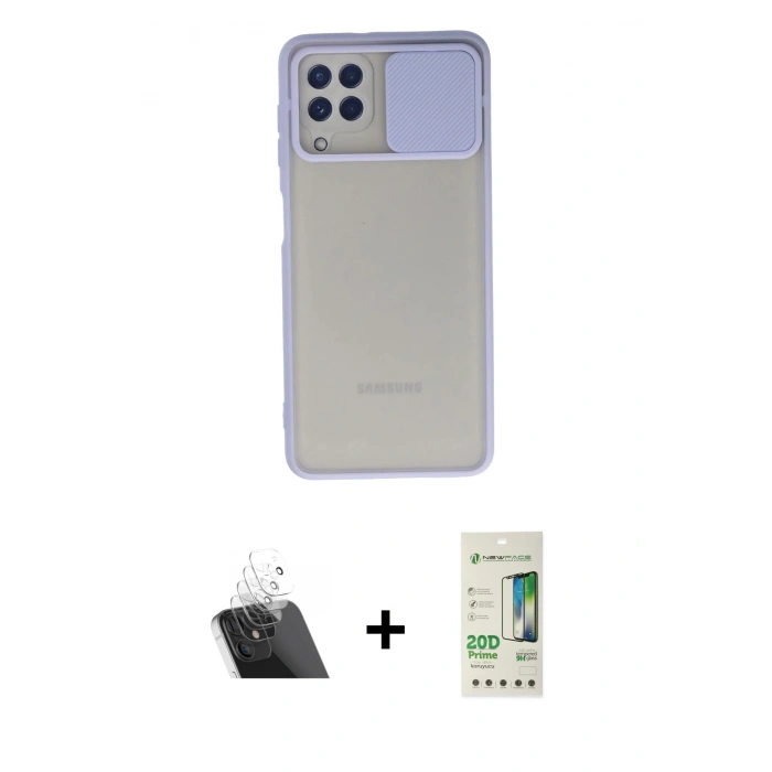 MARSİLYAN™- Galaxy A22 Kılıf Vadi Çizgi - Siyah 20D Premium Cam Ekran Koruyucu + Kamera Lens Koruma Cam - SF