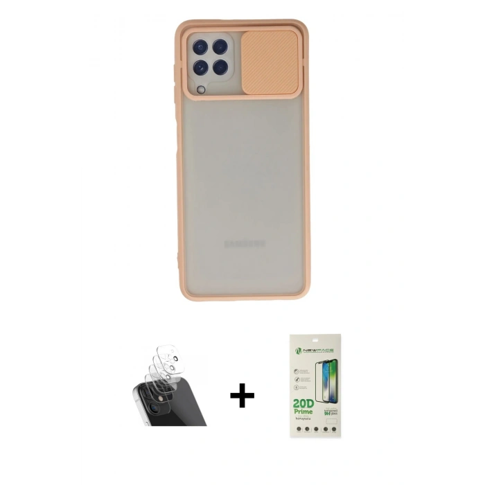 MARSİLYAN™- Galaxy A22 Kılıf Vadi Çizgi - Siyah 20D Premium Cam Ekran Koruyucu + Kamera Lens Koruma Cam - SF
