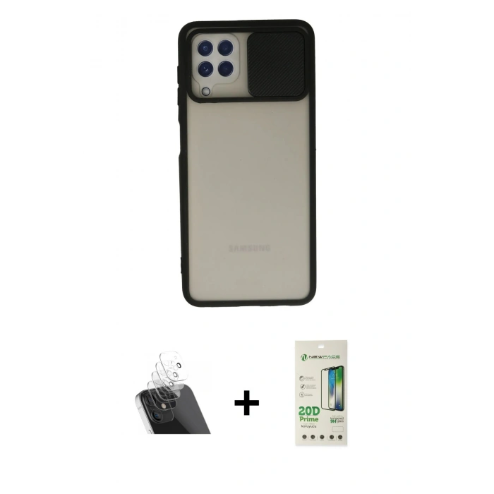 MARSİLYAN™- Galaxy A22 Kılıf Vadi Çizgi - Siyah 20D Premium Cam Ekran Koruyucu + Kamera Lens Koruma Cam - SF